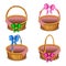 Set of wooden wicker baskets with bows, isolated on a white