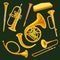 Set of woodwind and brass musical instruments. Clarinet, trumpet, harmonica, wooden pipe sopilka , french horn, hunting