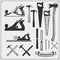 Set of woodworking and carpentry wood work tools. Carpentry Shop design.