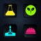 Set Worker safety helmet, Oil petrol test tube, Oil rig with fire and Bio fuel. Black square button. Vector