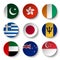 Set of world flags round badges Pakistan . Hong kong . Ivory Coast . Greece . Japan . Barbados . UAE . New zealand . Singapore