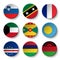 Set of world flags round badges Slovenia . Saint Kitts and Nevis . France . Kuwait . Grenada . Palau . Cape Verde . Mauritius .
