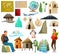 Set World geography objects.Travel items and plants trees of climatic zones. Dwellings of different peoples of countries