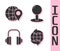 Set Worldwide, Location on the globe, Headphones and Push pin icon. Vector