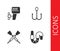 Set Worm, Outboard boat motor, Crossed oars paddles and Fishing hook icon. Vector