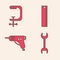 Set Wrench spanner, Clamp and screw tool, Ruler and Electric hot glue gun icon. Vector