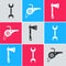 Set Wrench spanner, Leaf garden blower and Wooden axe icon. Vector