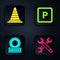 Set Wrench, Traffic cone, Car wheel and Parking. Black square button. Vector
