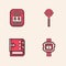 Set Wrist watch, Cassette tape player, Lollipop and Sound mixer controller icon. Vector