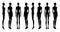 Set of XS size Women silhouette Fashion template 9 nine head Croquis Lady model skinny body figure front, side, 3-4