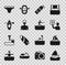 Set Yacht sailboat, Assessment of judges, Aqualung, Swimmer, Kayak and paddle, Swimming trunks and Water skiing man icon