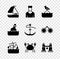 Set Yacht sailboat, Sailor captain, Seagull sits on buoy, Sinking cruise ship, Crab, Binoculars, Bottle with message