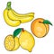 Set of yellow banana fruits, lemon, peach, cartoon illustration, isolated object on a white background, vector illustration
