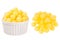 Set of yellow corn sticks balls as heap and in ceramics bowl isolated on white background.