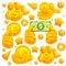 Set of yellow emoji hand icons and symbols. Dollar, euro bitcoin golden coins signs