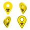 Set of yellow geolocation signs with bacteriological danger sign. Coronavirus pandemic concept and Covid-19 outbreak.