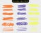 Set of yellow, orange, purple, strokes line markers. Vector highlight brush lines. Hand drawing sketch underlined, stripes.