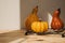 Set of yellow pumpkins on a light background. Autumn composition. Halloween background