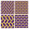 Set of yellow purple optical illusion seamless patterns of moving wavy quadrangles, infinity symbols, zigzag shapes and brickwork