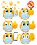 Set of yellow round emoji characters with medical masks. Cartoon 3d style collection