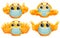 A set of yellow round emoji characters in white medical masks. Cartoon style collection