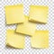 Set of yellow sheets of note papers. Five sticky notes. Template for design. Yellow note with place for you text over transparent