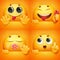 Set of yellow smiley face emoji characters in various emotions and situations