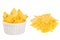 Set of yellow spicy triangles nachos as heap and in ceramics bowl isolated on white background.