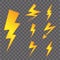 Set of Yellow Thunderbolt Symbols. Vector Danger Signs. Electrical Power Silhouettes Icons.