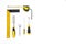 Set of yellow tools on white background top view. carpenter working table. carpentry and woodwork industry flat lay