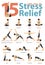 Set of yoga postures female figures for Infographic 15 Yoga poses for stress relieve in flat design.