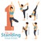 A set of yoga postures female figures for Infographic 5 Yoga in one leg standing poses in flat design. Woman figures exercise.