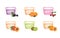 Set of yogurt in plastic containers with different tastes. Blackberry, Orange, Cherry, Peach, Kiwi and Apricot yoghurt