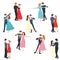 Set of young elegant male and female pairs of dancers. Vector illustration in flat cartoon style.