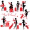 Set of young elegant woman silhouettes with suitcase isolated