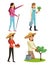 Set young girls gardeners hiking with plant tree and walk stick