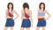 Set of young girls wearing belt bags over white background, isolated. Cartoon women with stylish waist belts, vector