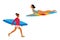 Set of Young People Surfing Recreation. Woman Surfers Characters in Swim Wear Riding Big Sea Waves on Surf Board.