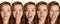 Set of young red-headed woman& x27;s portraits with different emotions. Closeup. Positive and negative facial expressions