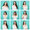 Set of young woman`s portraits with different happy emotions