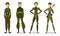 Set of young women soldiers in combat uniforms. Vector illustration in flat cartoon style.