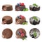 Set of yummy fondant cakes with hot chocolate isolated on white, top and side views