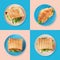 Set of yummy sandwiches and croissant on background, top view