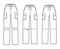 Set of Zip-off convertible pants technical fashion illustration with normal low waist, high rise, box cargo pockets