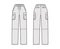 Set of Zip-off convertible pants technical fashion illustration with normal waist, high rise, box cargo jetted pockets