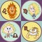 Set zodiac sign cartoon, Leo, Virgo, Libra, Scorpio. Painted funny astrological characters and symbols in a round frame multicolor