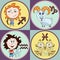 Set zodiac sign cartoon, Sagittarius, Capricorn, Aquarius, Pisces. Painted funny astrological characters and symbols in a round fr