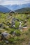 Seter mountain farm landscape along Aurlandsfjellet scenic route near Kvignadal, Norway