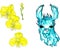 Seth blue llama and tropical flowers. Doodle llama head, yellow orchids isolated on white background
