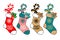 Seth cute christmas socks - cartoon vector illustration isolated on white background, different colors red, green